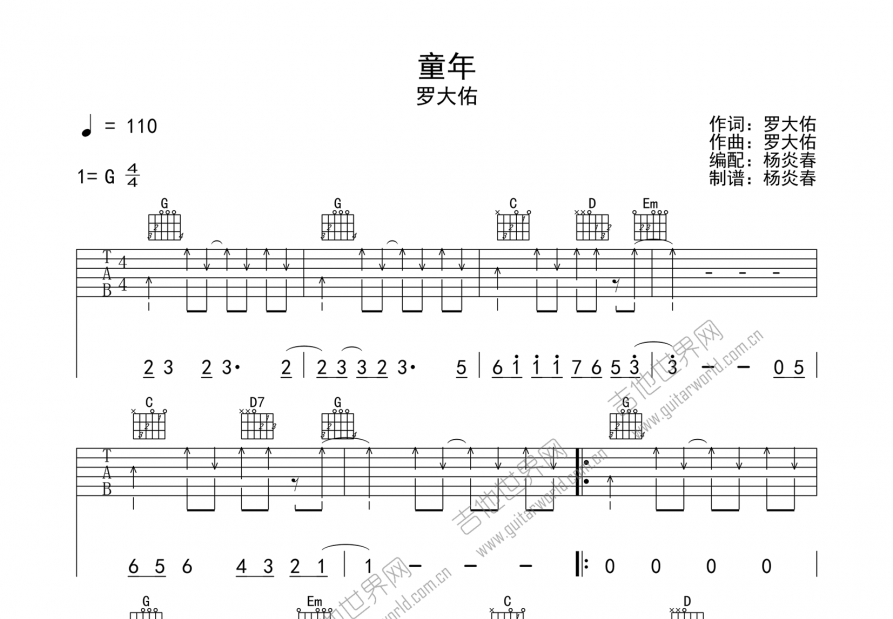 童年吉他谱预览图