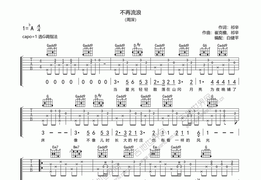不再流浪吉他谱预览图