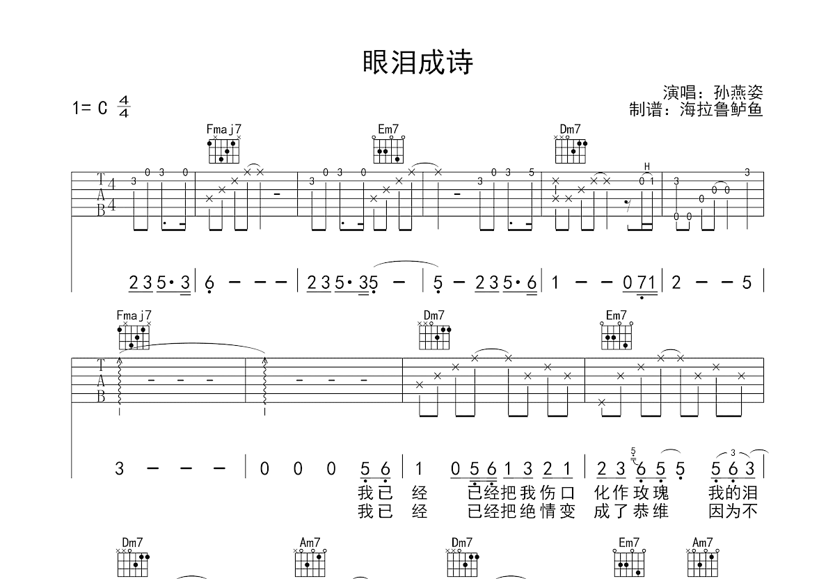 眼泪成诗吉他谱预览图