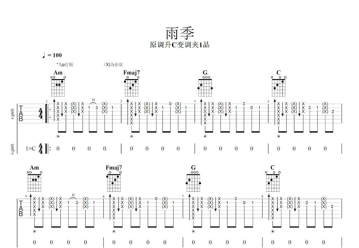雨季吉他谱_姜贰拾_C调弹唱
