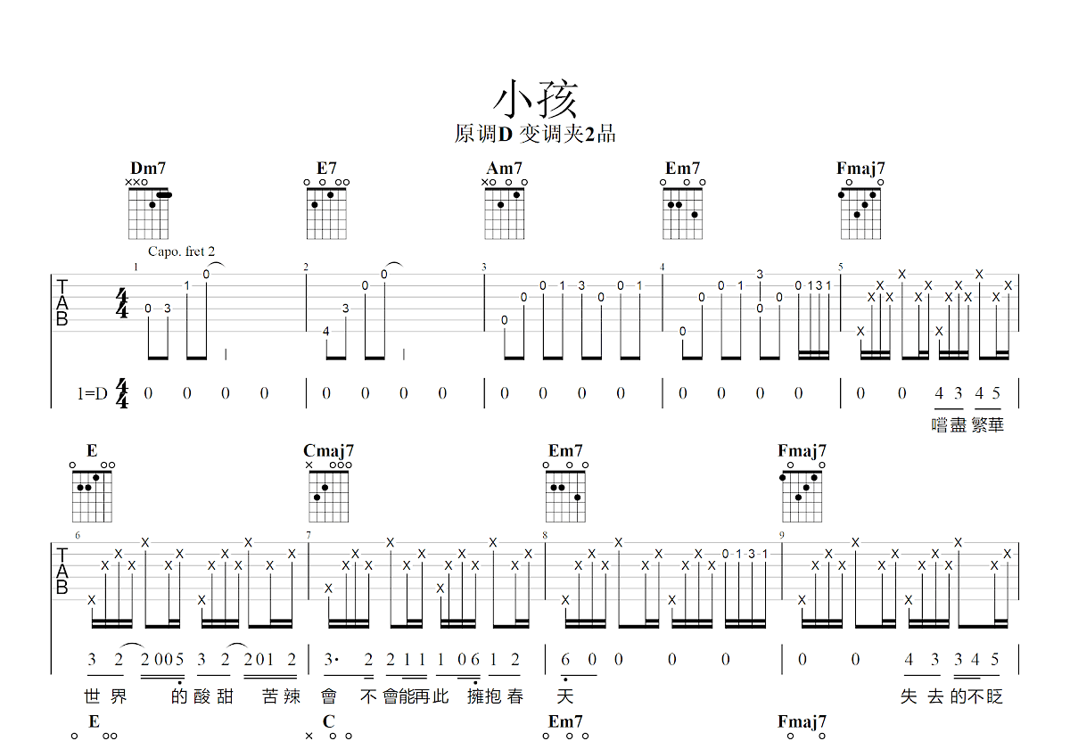 小孩吉他谱_我是机车少女_C调弹唱