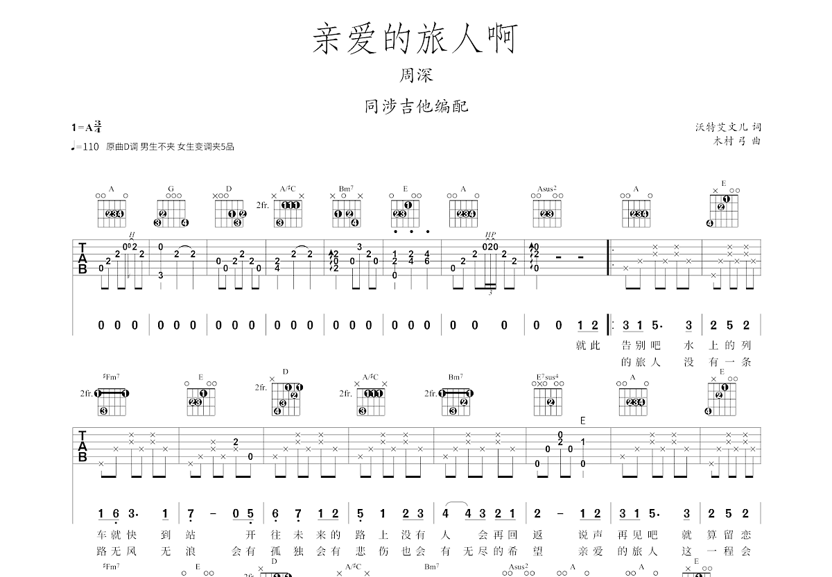 亲爱的旅人啊吉他谱预览图