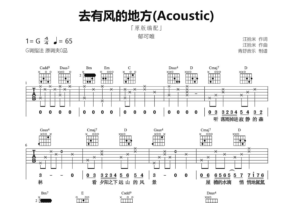 去有风的地方吉他谱预览图