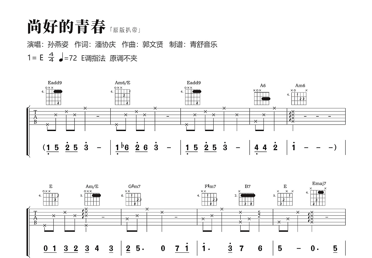 尚好的青春吉他谱_孙燕姿_E调弹唱