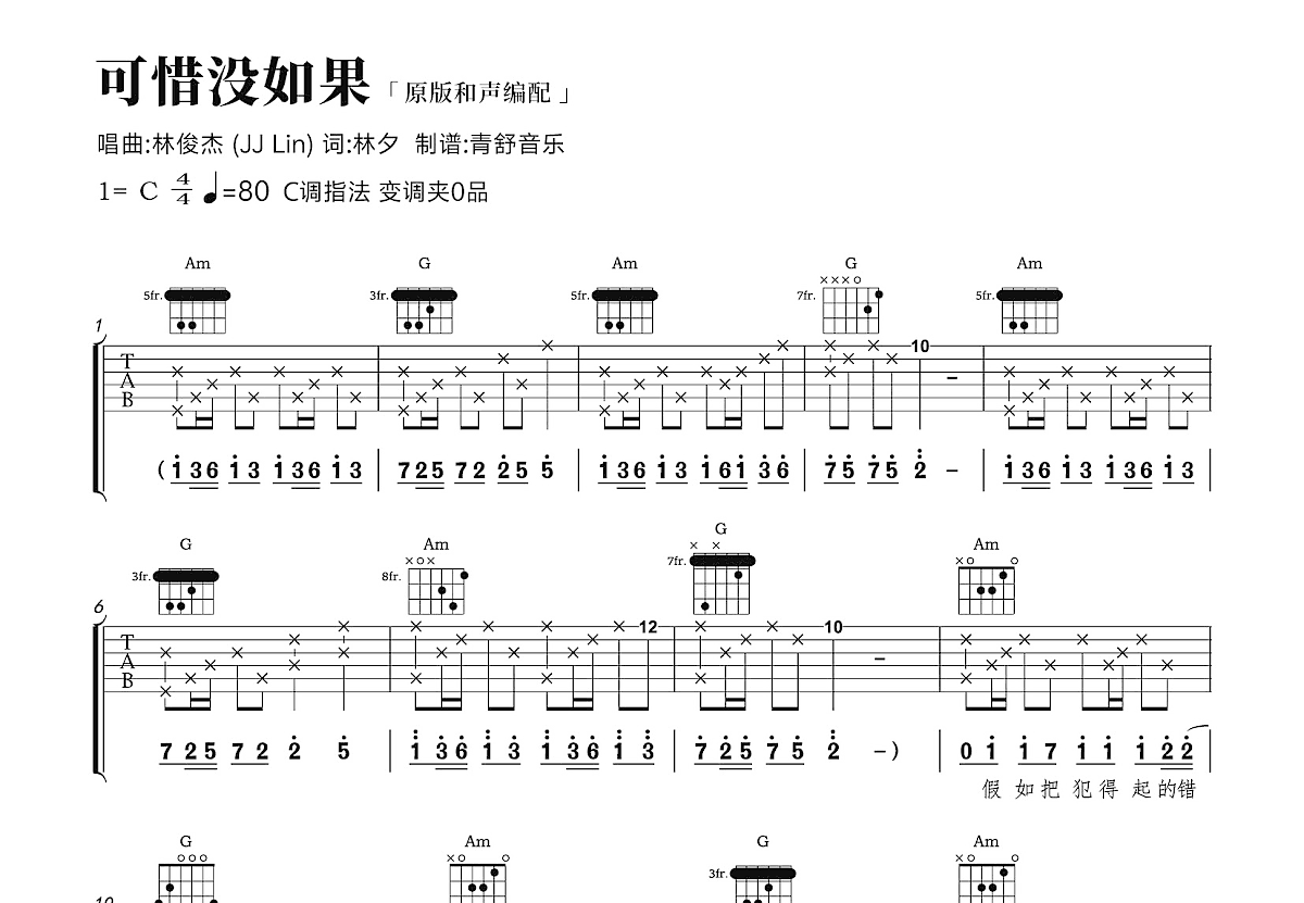 可惜没如果吉他谱预览图