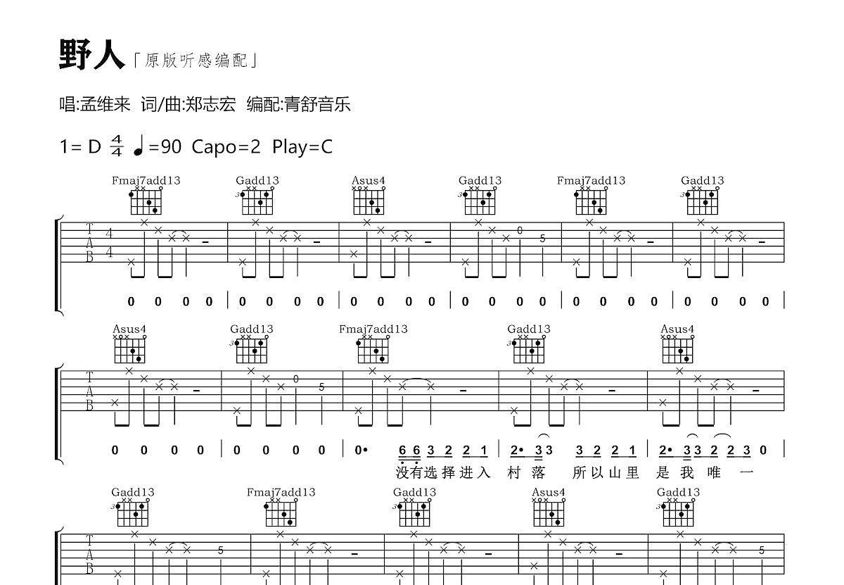 野人吉他谱预览图