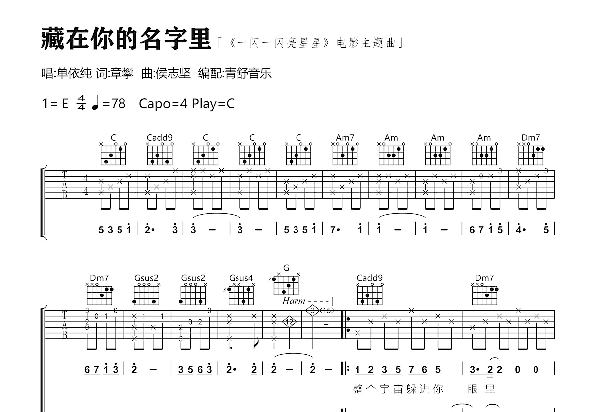 藏在你的名字里吉他谱预览图