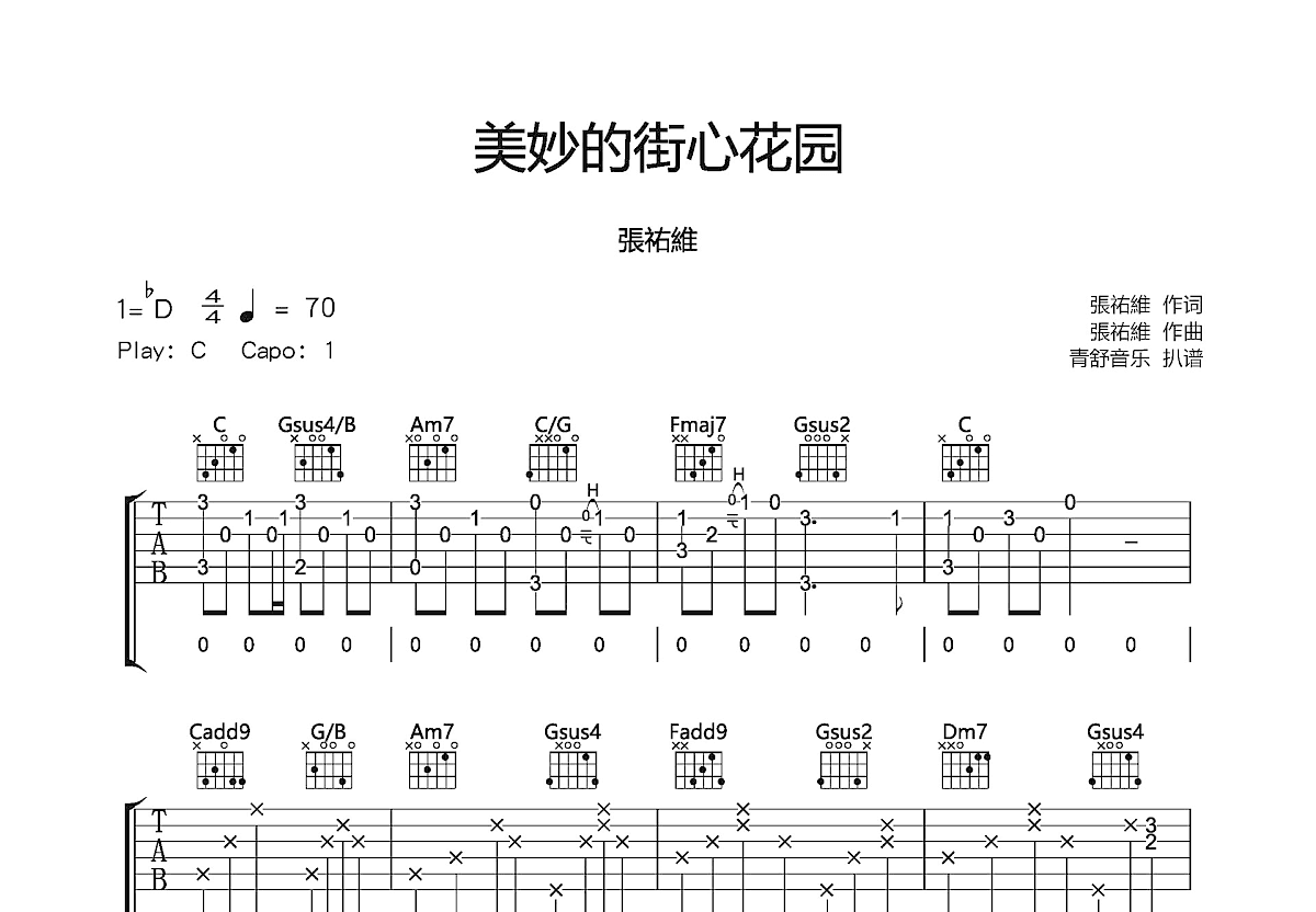 美妙的街心花园吉他谱_張祐維_C调弹唱