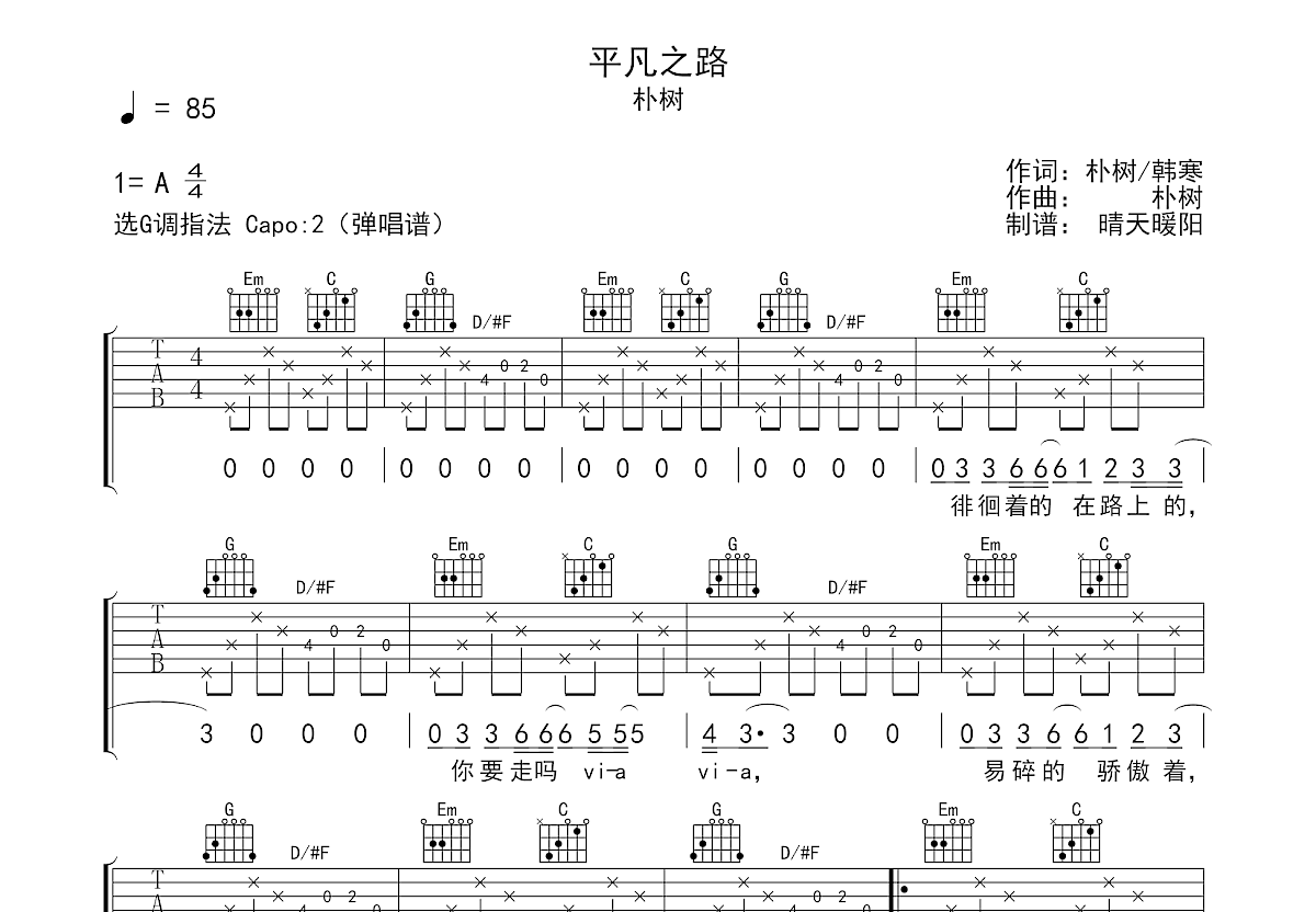 平凡之路吉他谱预览图