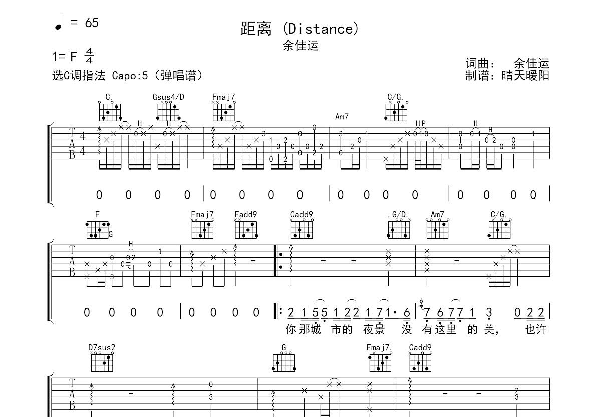 距离吉他谱预览图