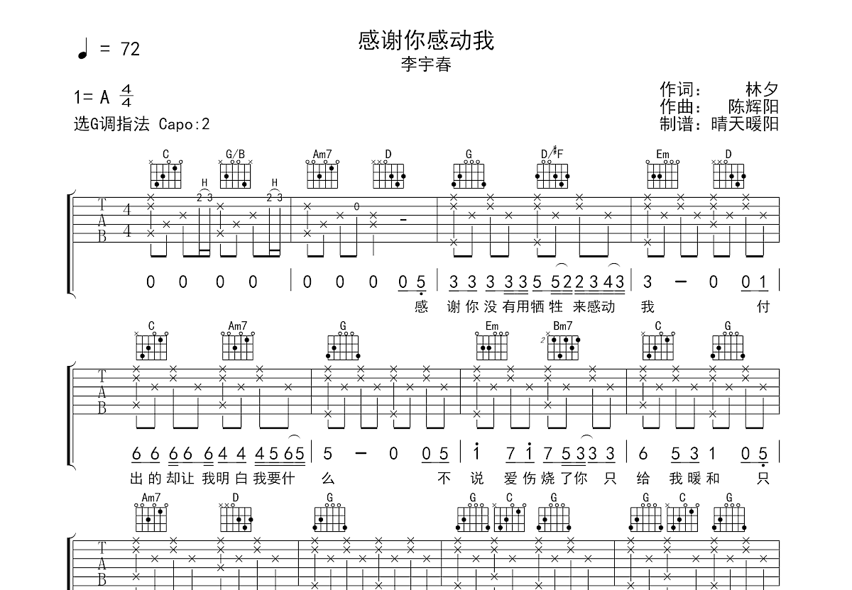 感谢你感动我吉他谱_李宇春_G调弹唱