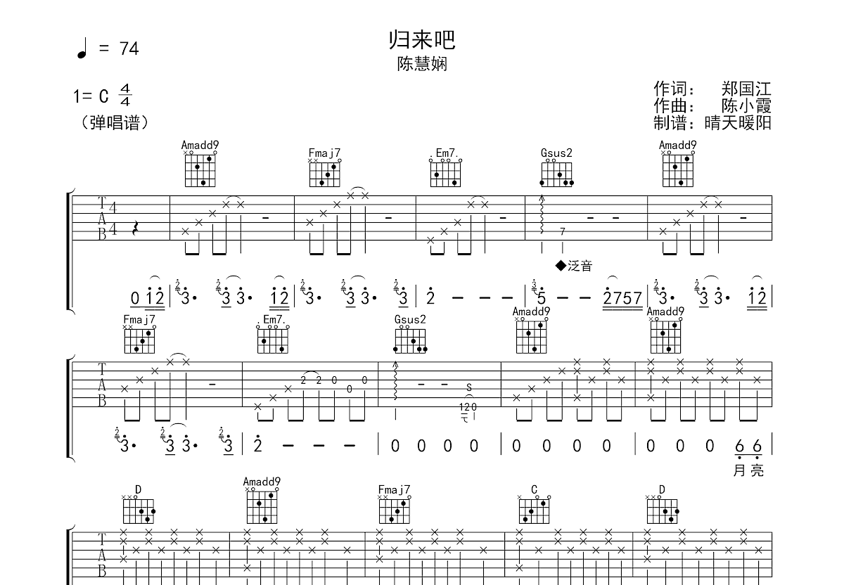 归来吧吉他谱预览图