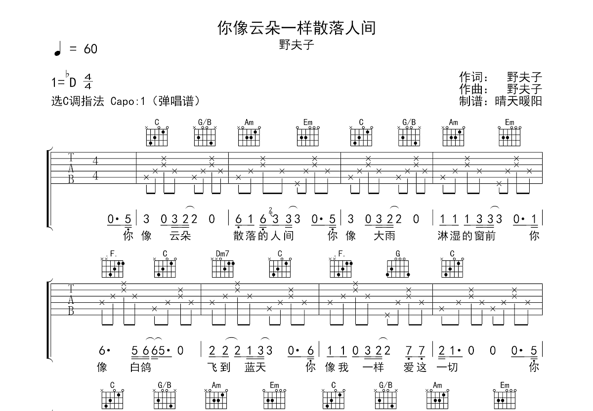 你像云朵一样散落人间吉他谱预览图