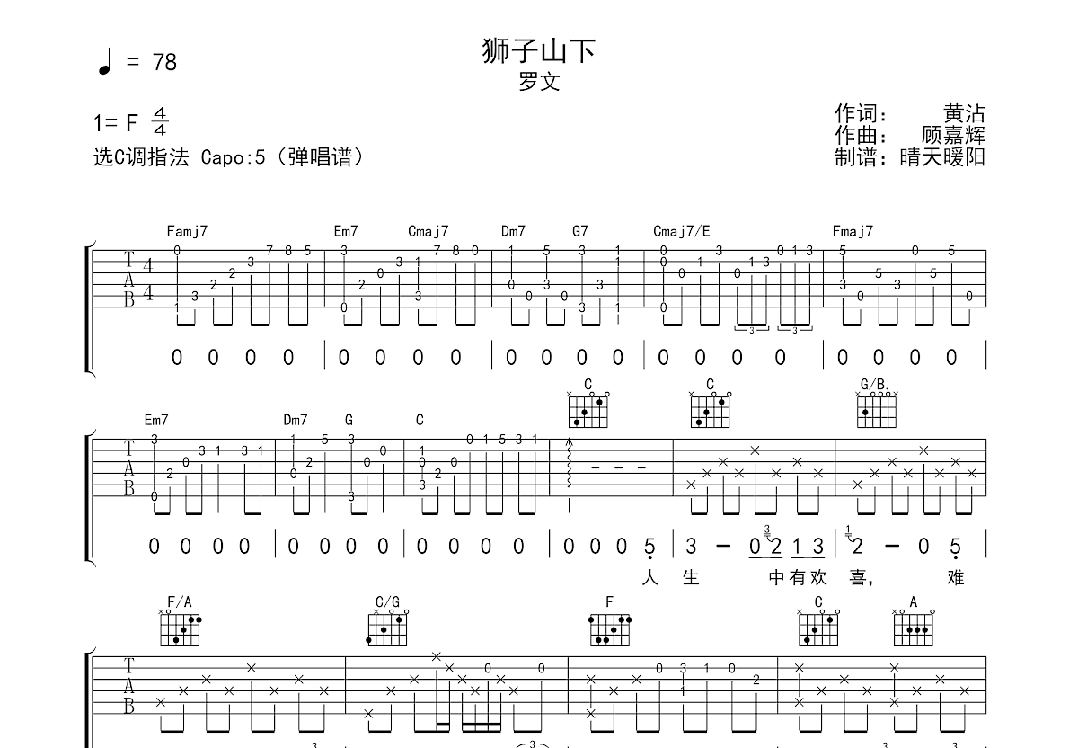 狮子山下吉他谱预览图