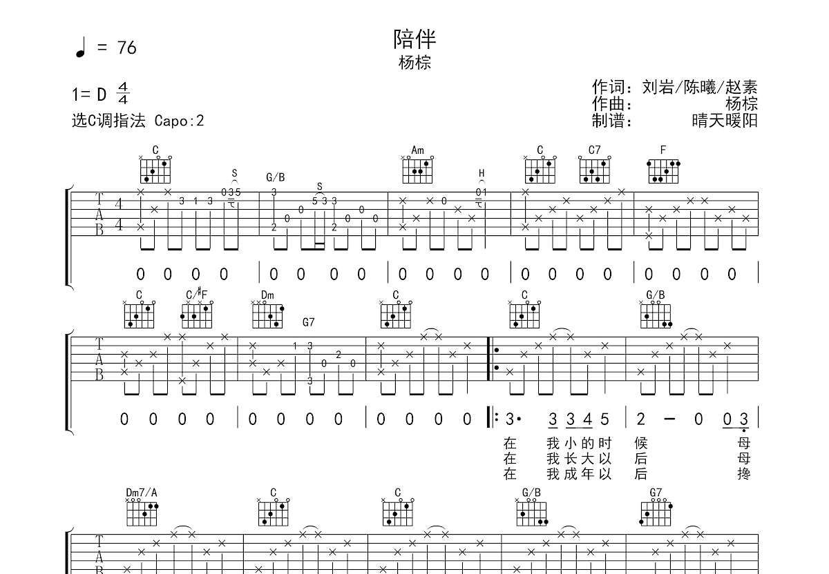 陪伴吉他谱_杨棕_C调弹唱