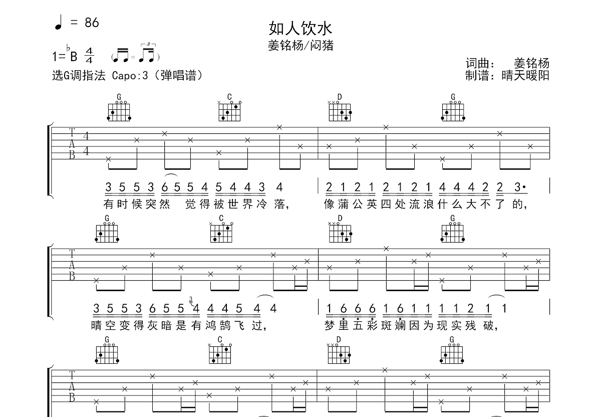 如人饮水吉他谱预览图