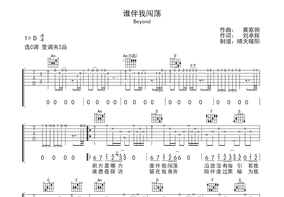 谁伴我闯荡吉他谱预览图