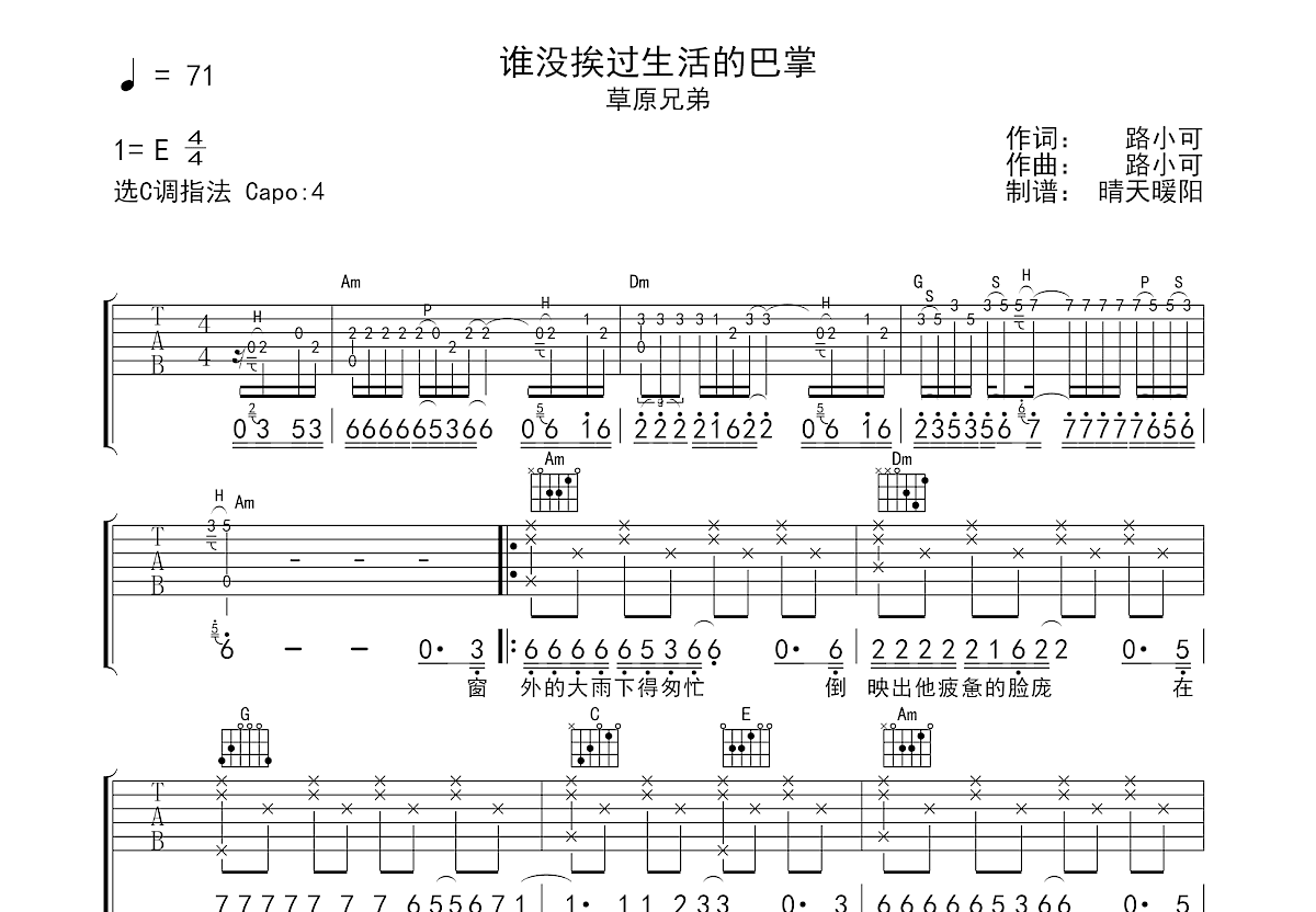 谁没挨过生活的巴掌吉他谱预览图
