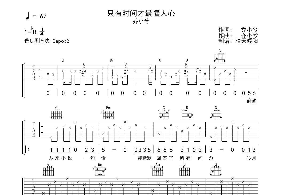 只有时间才最懂人心吉他谱预览图