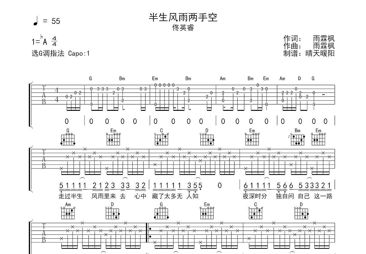 半生风雨两手空吉他谱预览图