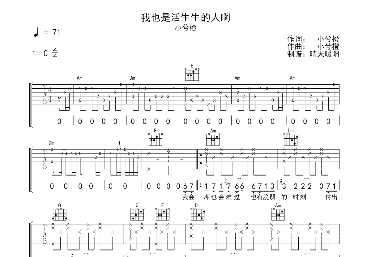 我也是活生生的人啊吉他谱预览图