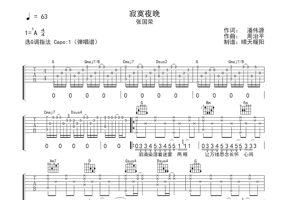 寂寞夜晚吉他谱预览图