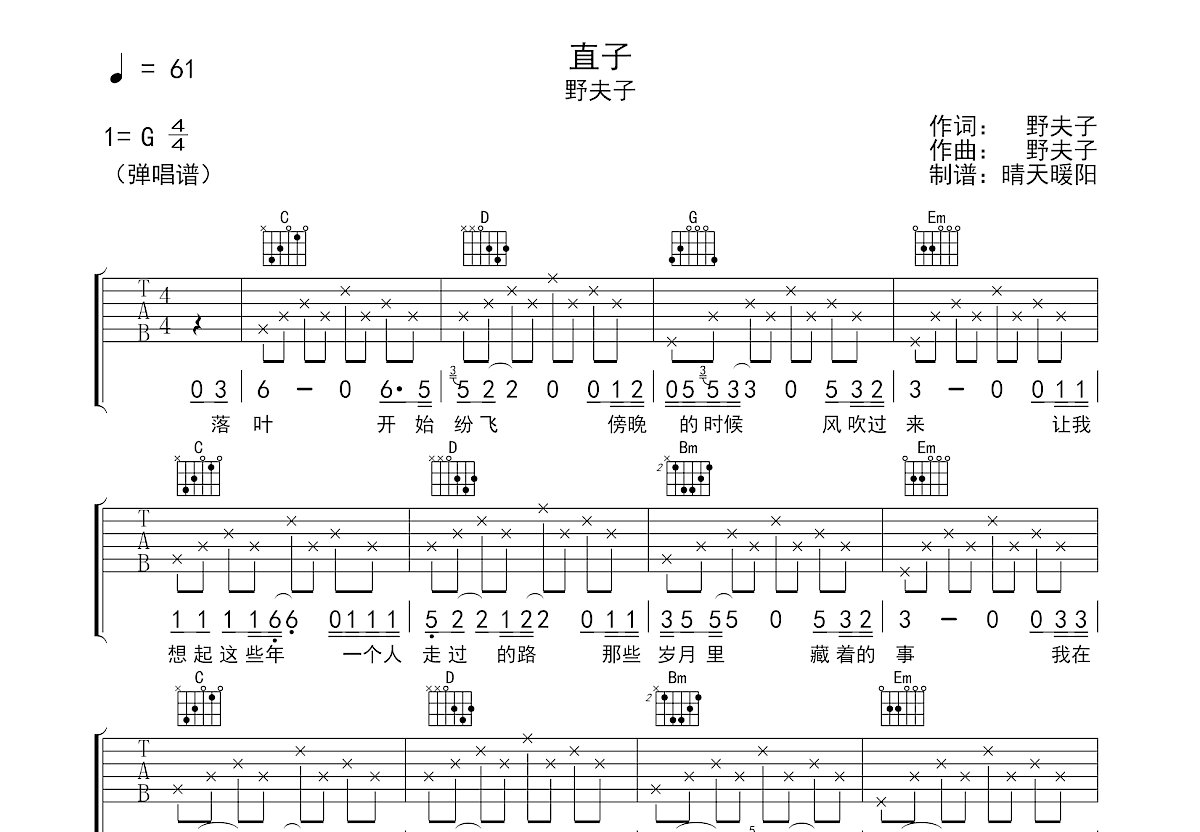 直子吉他谱_野夫子_G调弹唱