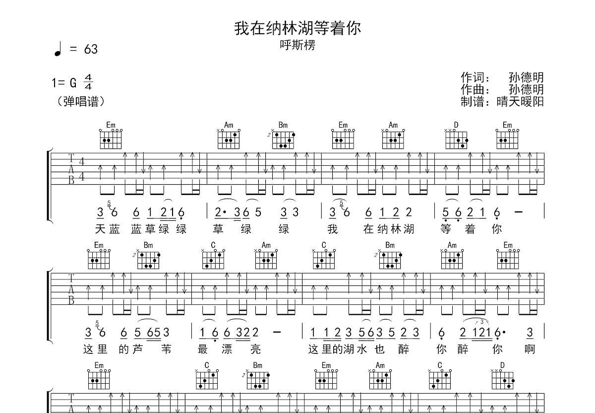 我在纳林湖等着你吉他谱预览图