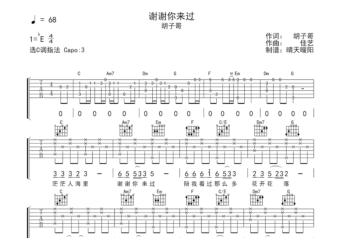 谢谢你来过吉他谱_胡子哥_C调弹唱
