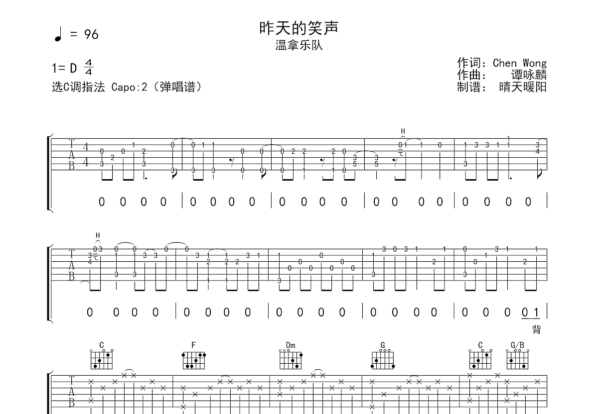 昨天的笑声吉他谱预览图