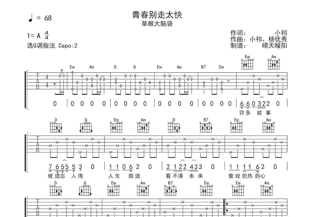 青春别走太快吉他谱预览图