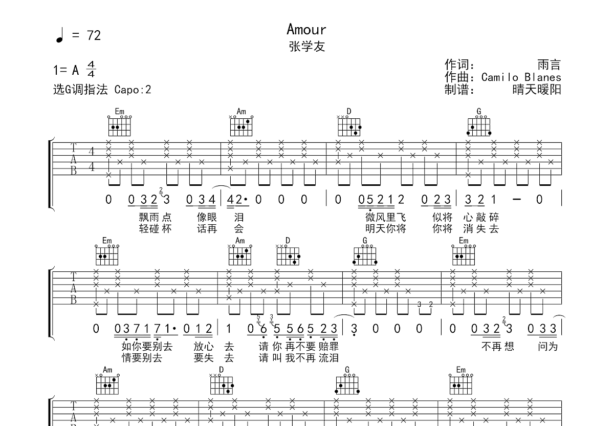 Amour吉他谱_张学友_G调弹唱