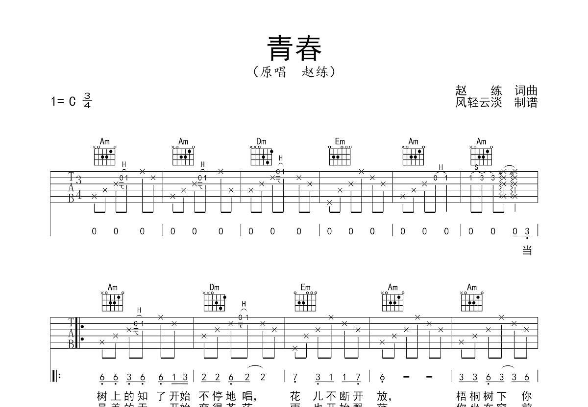 青春吉他谱_赵练_C调弹唱