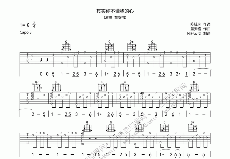 其实你不懂我的心吉他谱预览图