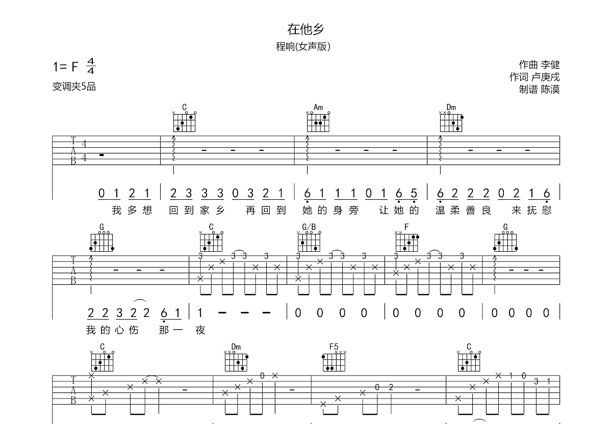 在他乡吉他谱预览图