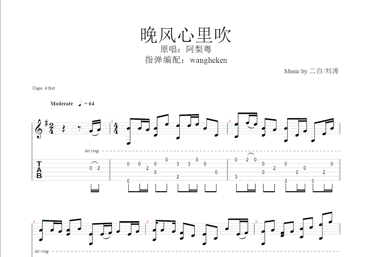 晚风心里吹吉他谱预览图