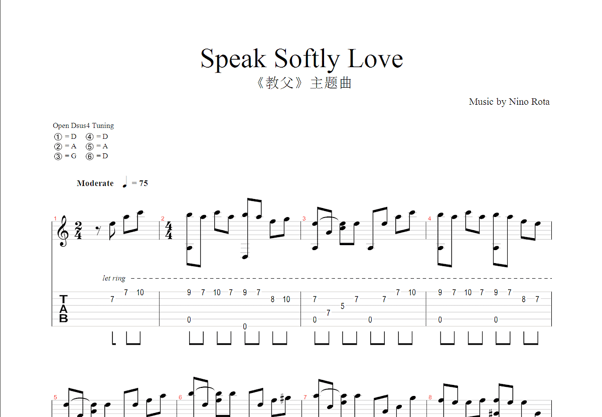 Speak Softly Love吉他谱预览图