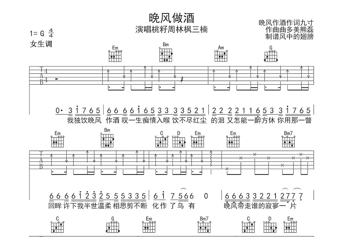 晚风做酒吉他谱预览图