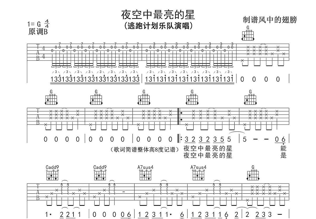 夜空中最亮的星吉他谱预览图