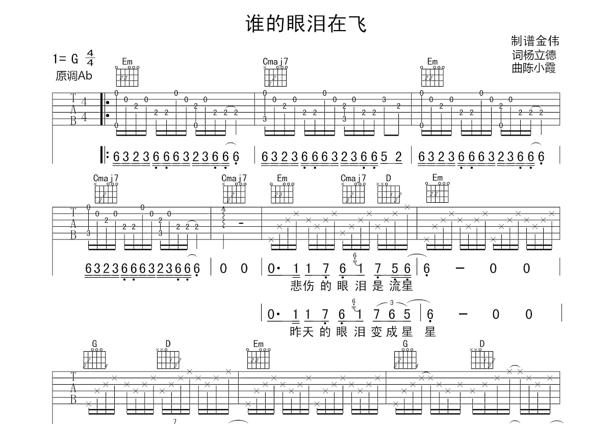 谁的眼泪在飞吉他谱预览图