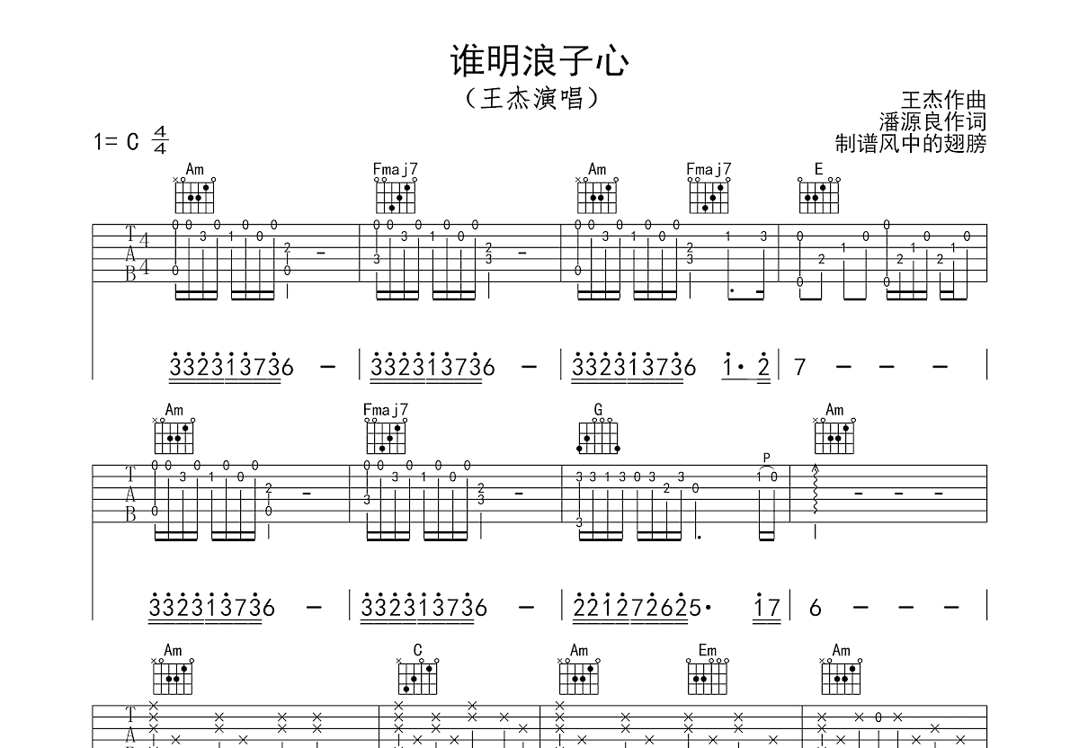 谁明浪子心吉他谱预览图