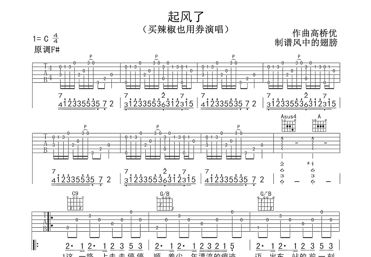 起风了吉他谱预览图