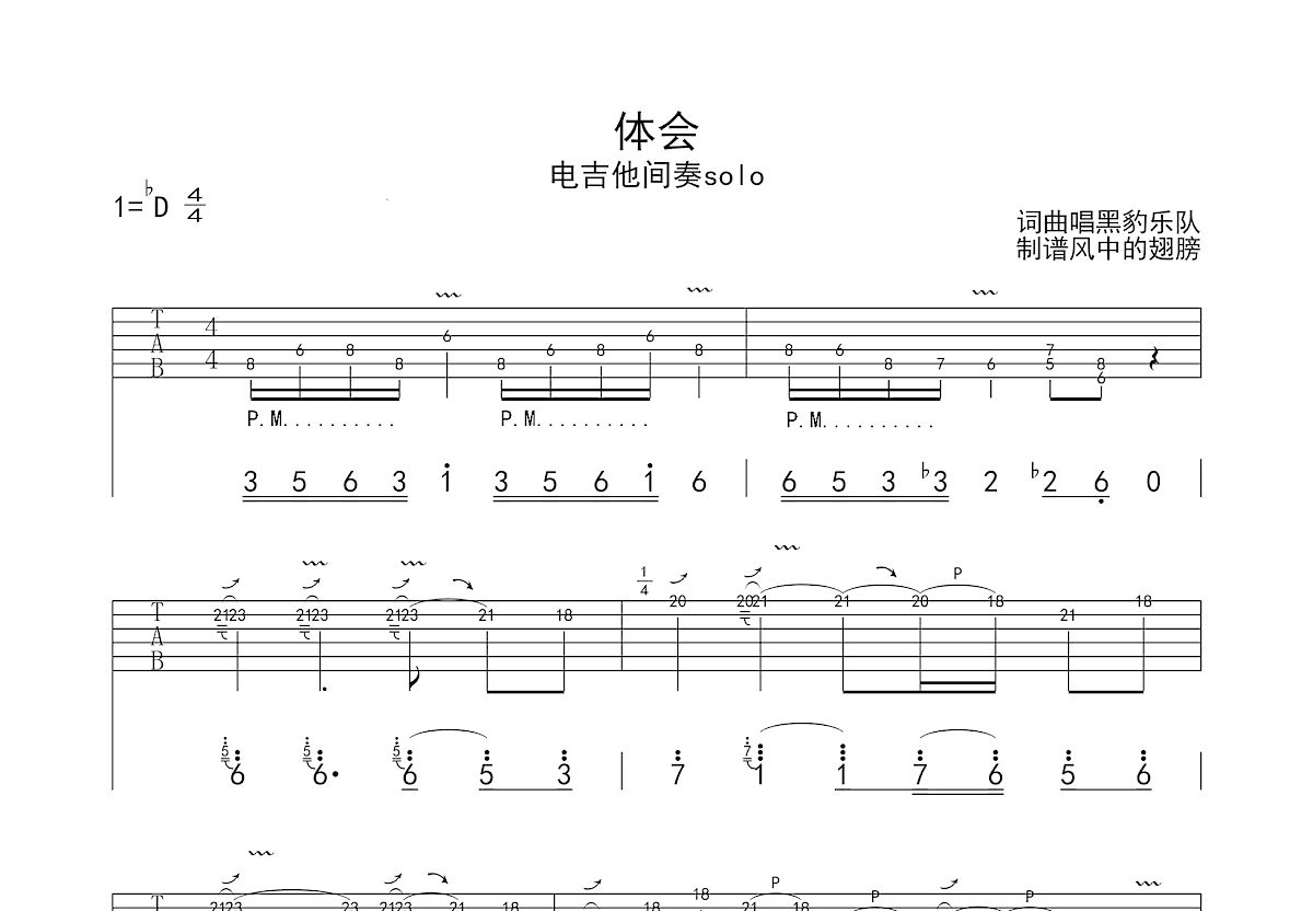 体会吉他谱_黑豹乐队_降DSolo片段