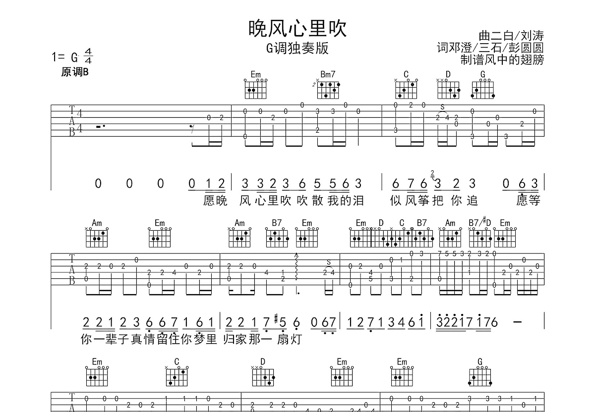 晚风心里吹吉他谱预览图