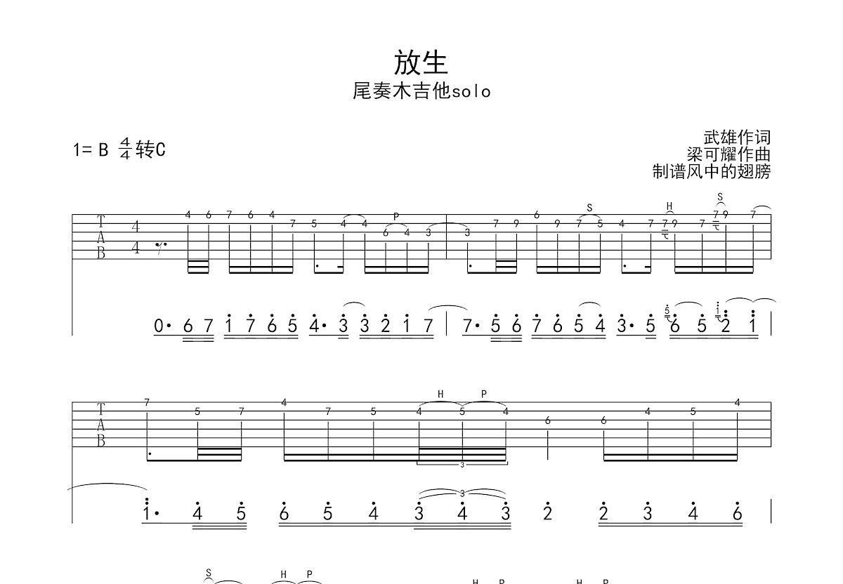 放生吉他谱_范逸臣_B调Solo片段