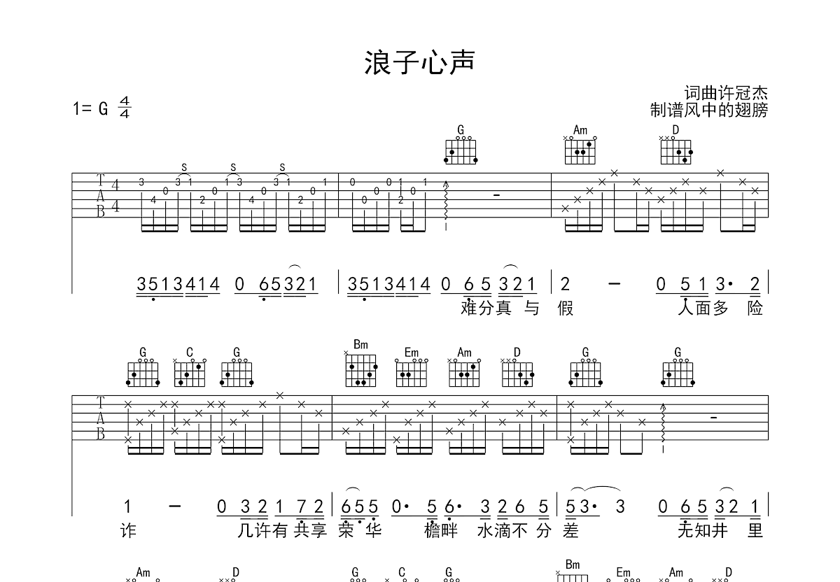 浪子心声吉他谱预览图