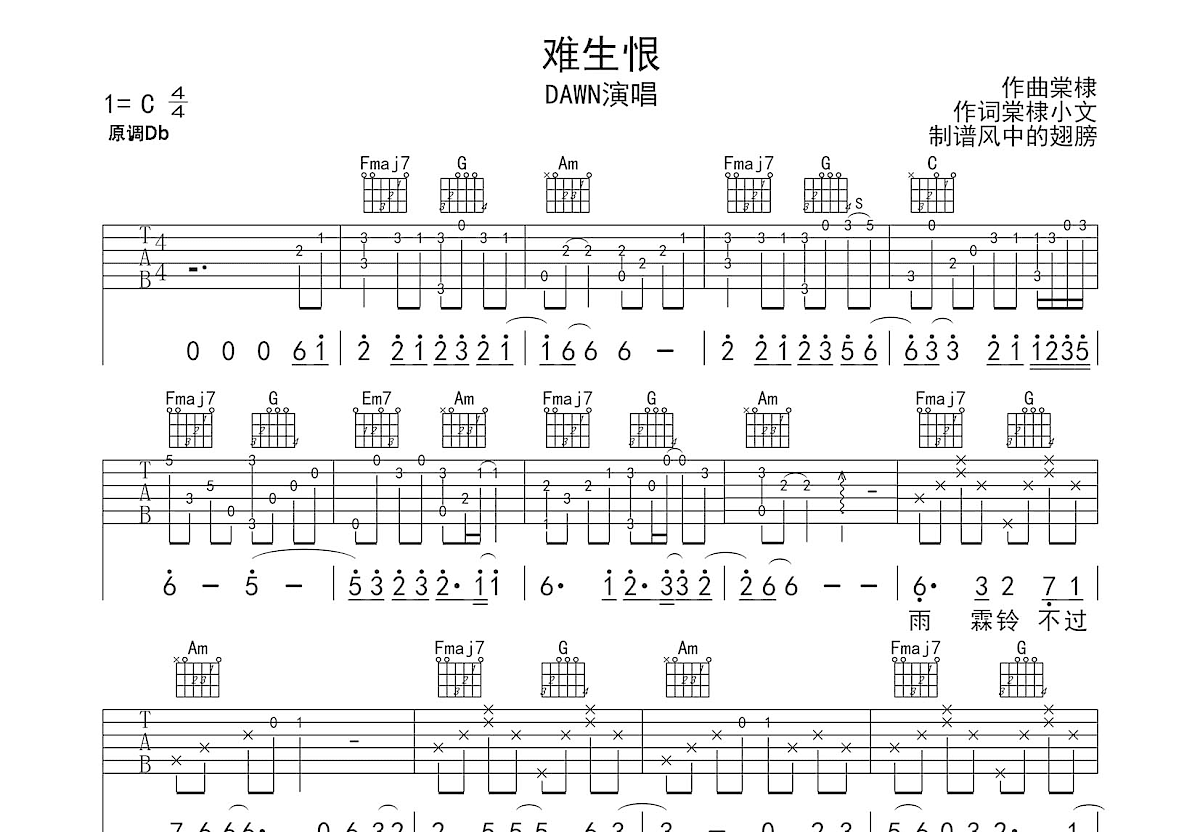 难生恨吉他谱预览图