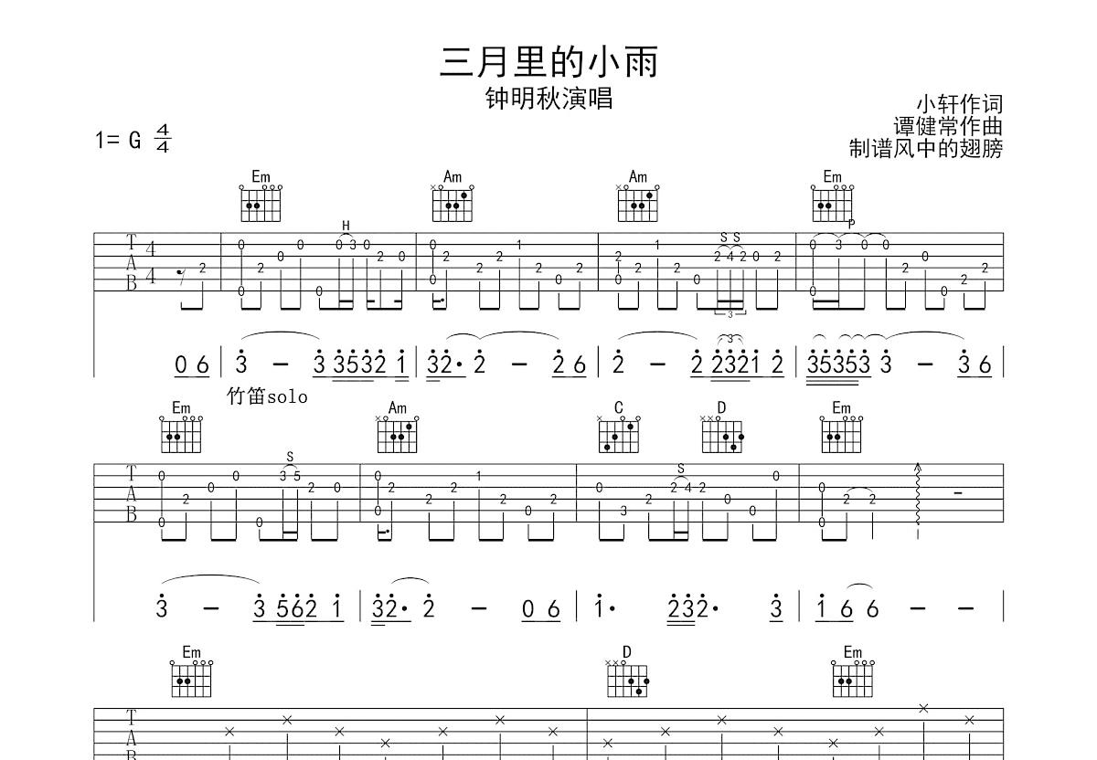 三月里的小雨吉他谱预览图