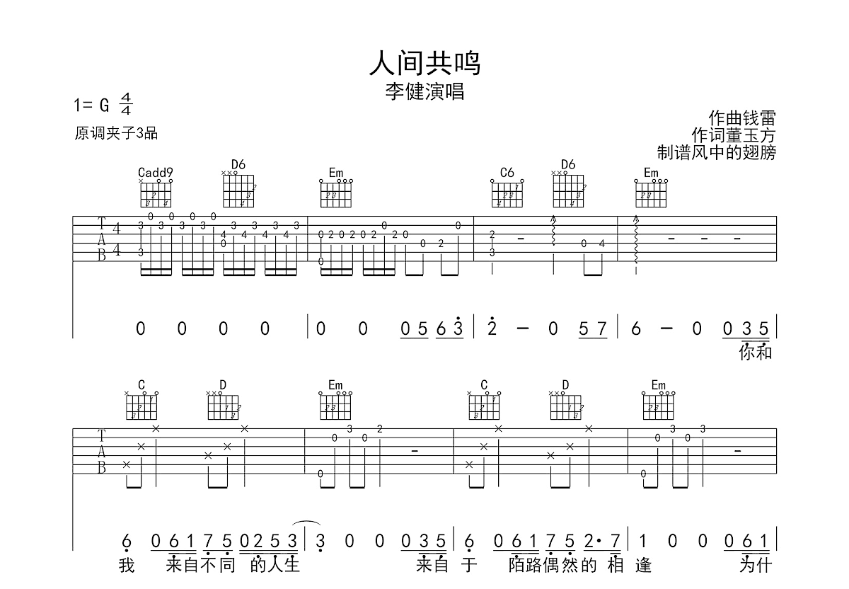 人间共鸣吉他谱预览图