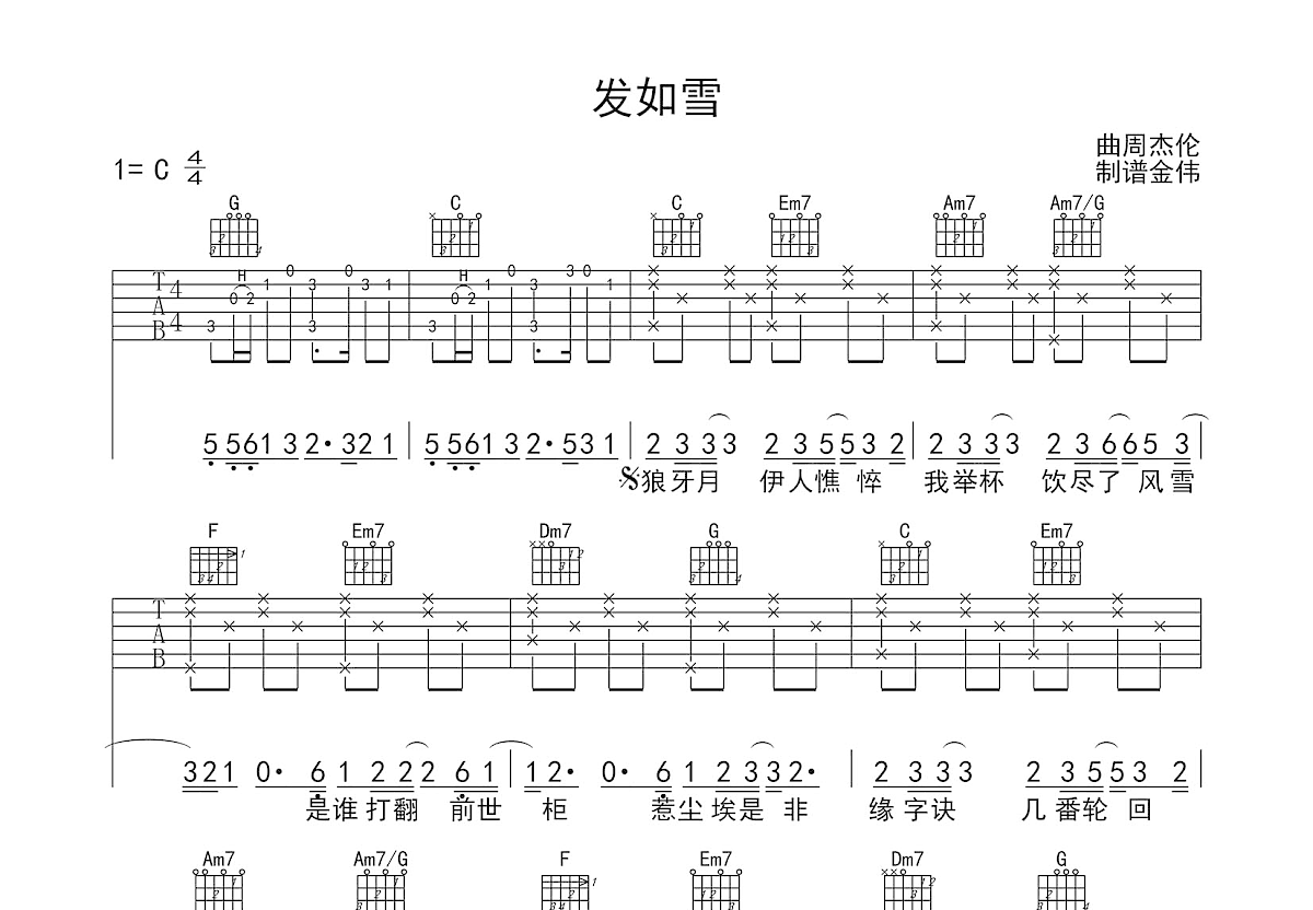 发如雪吉他谱预览图